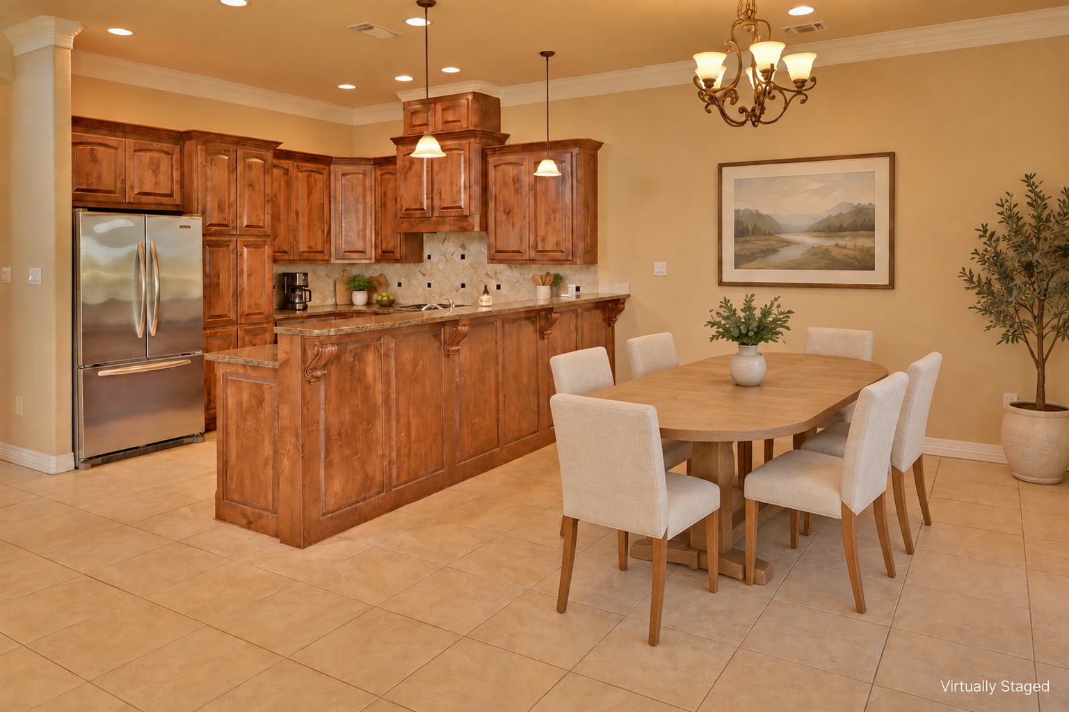 Same kitchen and dining area virtually staged with a different dining set and decor